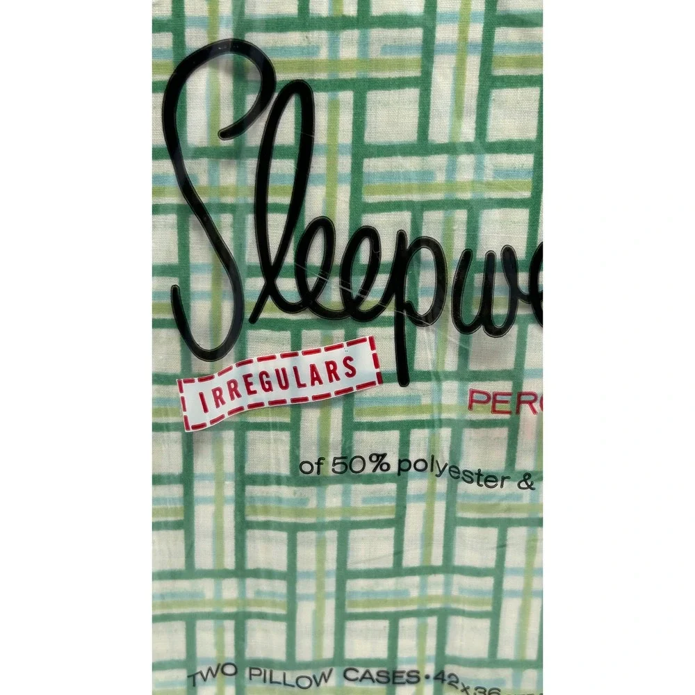 Vintage Sleepwell Percale‎ Pillowcases Set of 2 Green Geometric Floral 42x36 NEW
